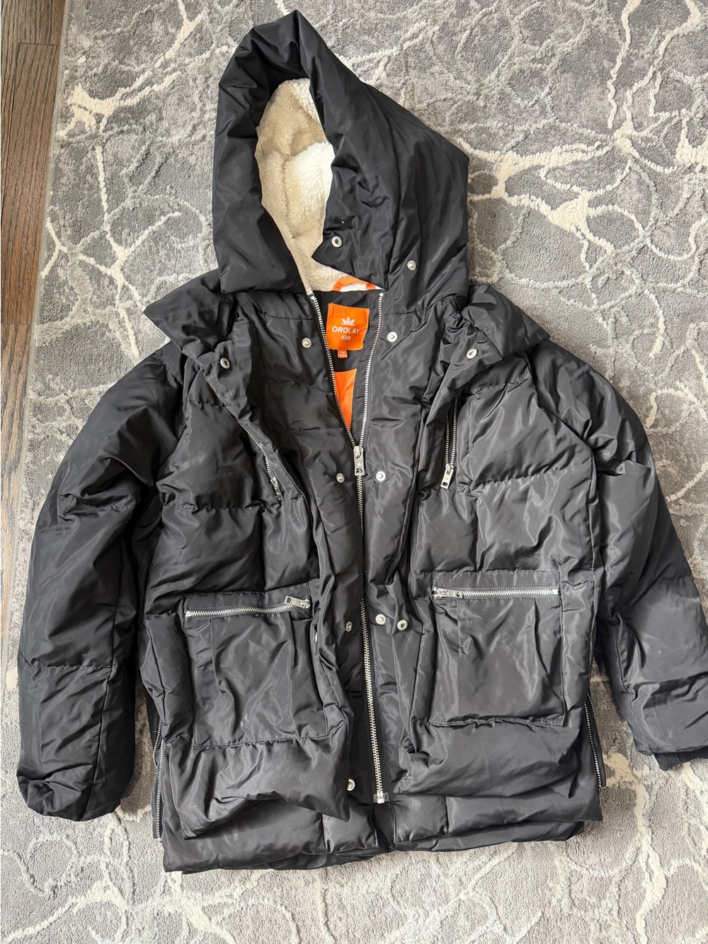Black Hooded Kids Puffer Jacket with Sherpa Lining